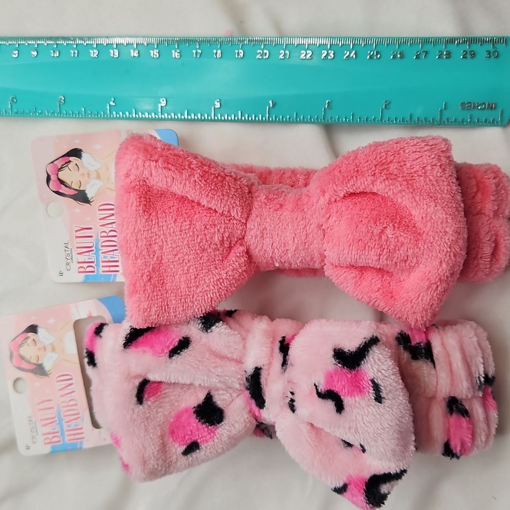 Set of 2 Spa Headbands Soft Terry Fabric Pink Solid & Animal Print Bow Stretch - Picture 6 of 6